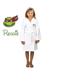 Green Turtle Cartoon Design & Custom Name Embroidery on Kids Hooded Bathrobe